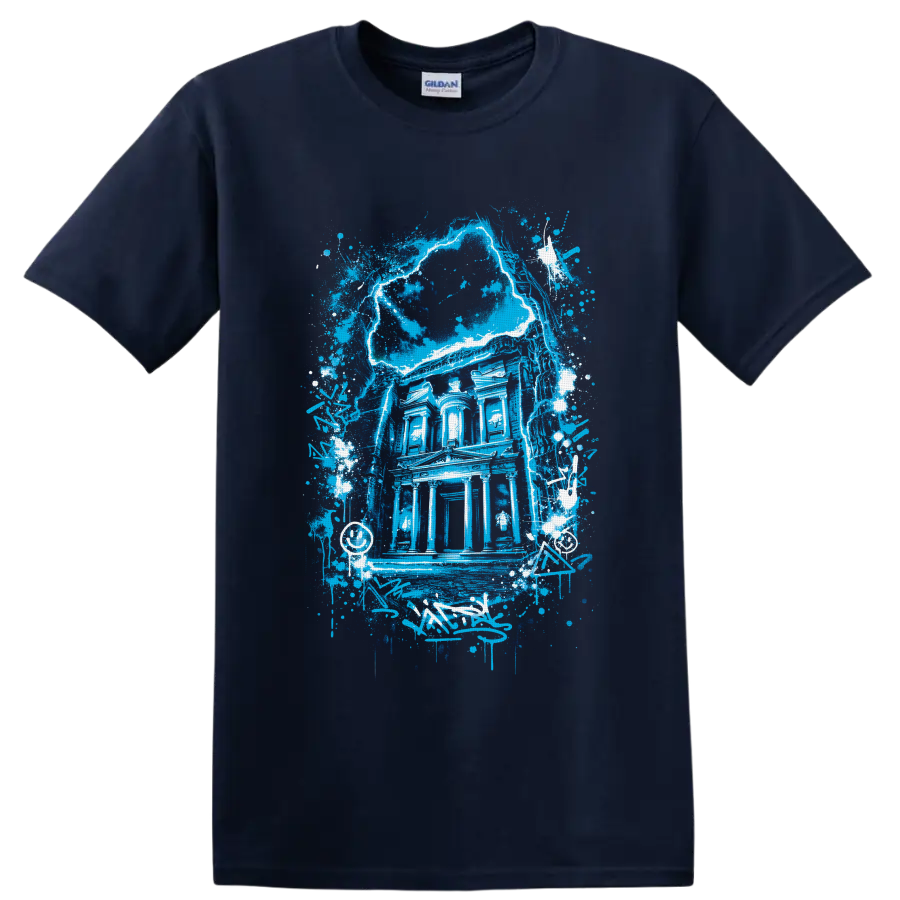 Electric-blue Gothic mansion with cracked moon, paint splatters, and graffiti accents on a Navy (Blue) T Shirt