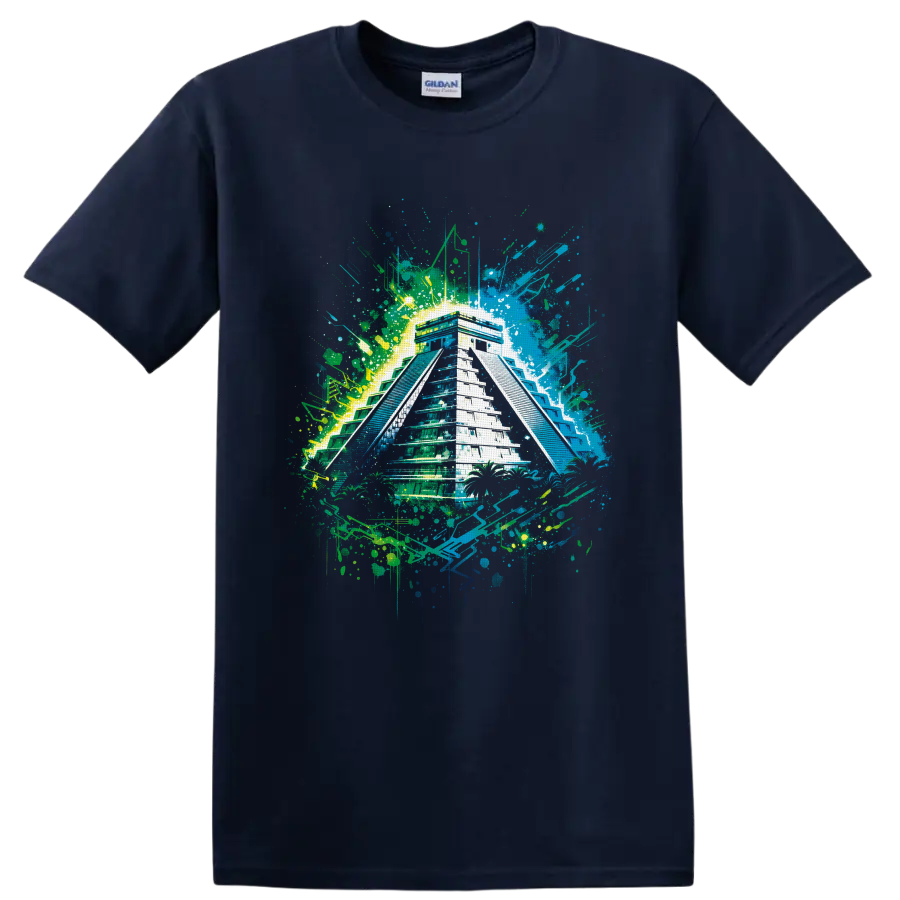 Mayan-inspired stepped pyramid in neon tropical graffiti paint splatter art on a Navy (Blue) T Shirt