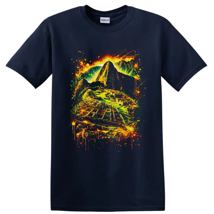 Neon-style Machu Picchu Inca citadel and Andes mountain graffiti artwork on a Navy (Blue) T Shirt