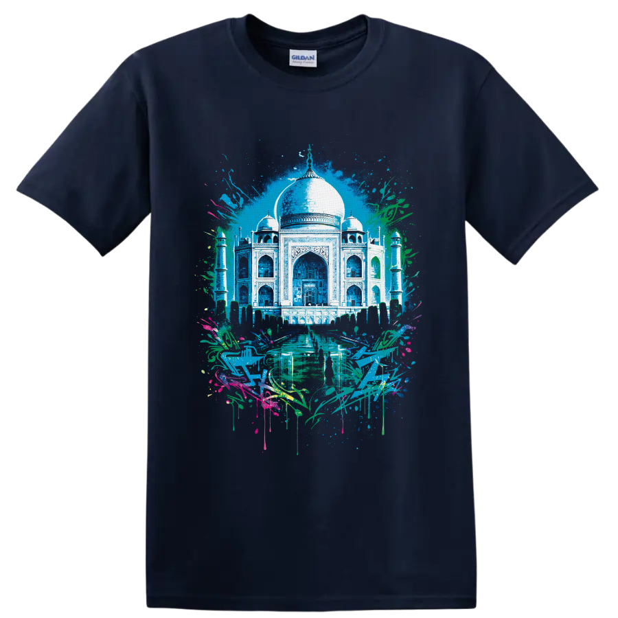 Taj Mahal watercolor illustration with minarets, reflecting pool, foliage, and paint on a Navy (Blue) T Shirt