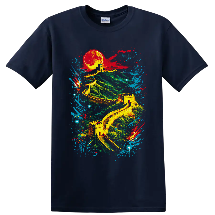 Great Wall of China landscape with glowing moon and colorful graffiti paint splashes on a Navy (Blue) T Shirt