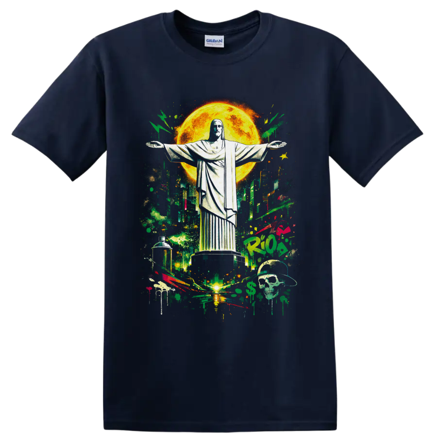 Christ the Redeemer over Rio skyline in neon graffiti art with a glowing moon on a Navy (Blue) T Shirt