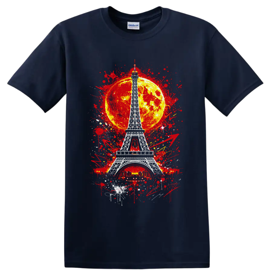 White Eiffel Tower with yellow moon and red graffiti splatter artwork on a Navy (Blue) T Shirt
