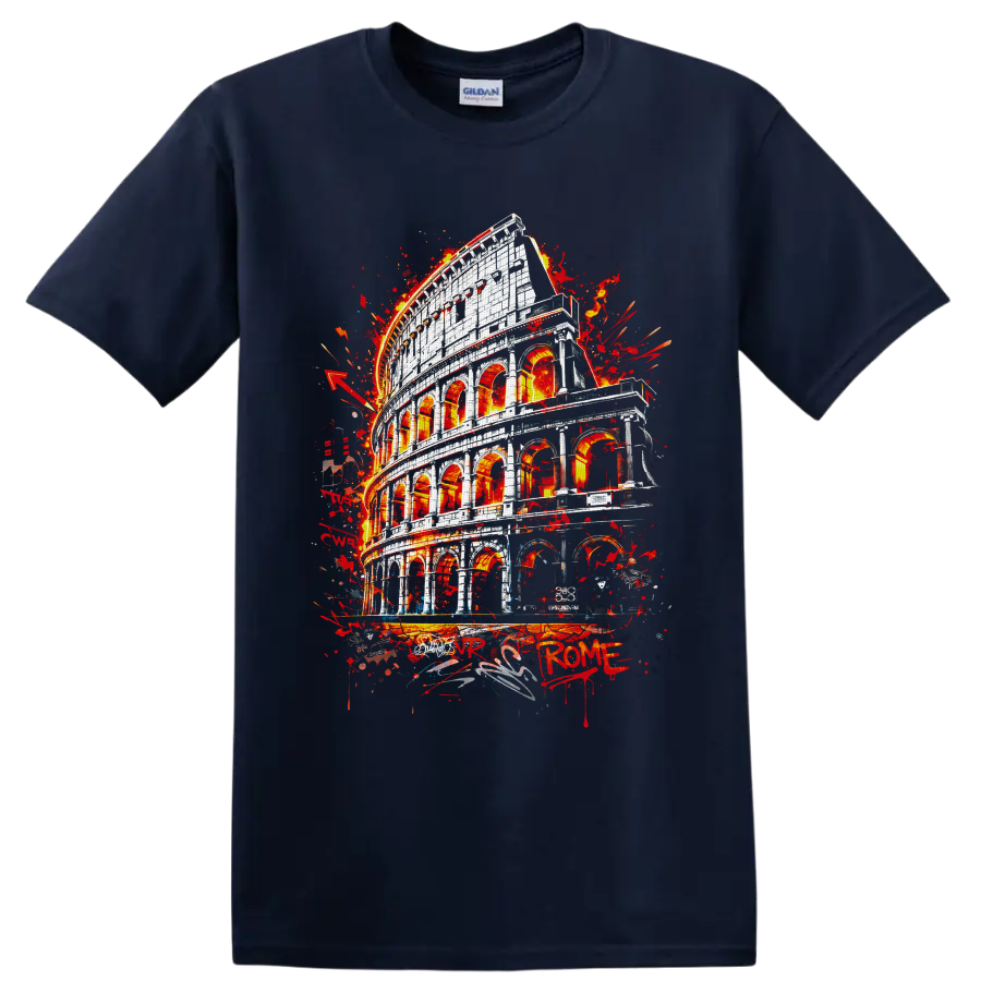 Roman Colosseum in fiery red graffiti-inspired architectural artwork on a Navy (Blue) T Shirt