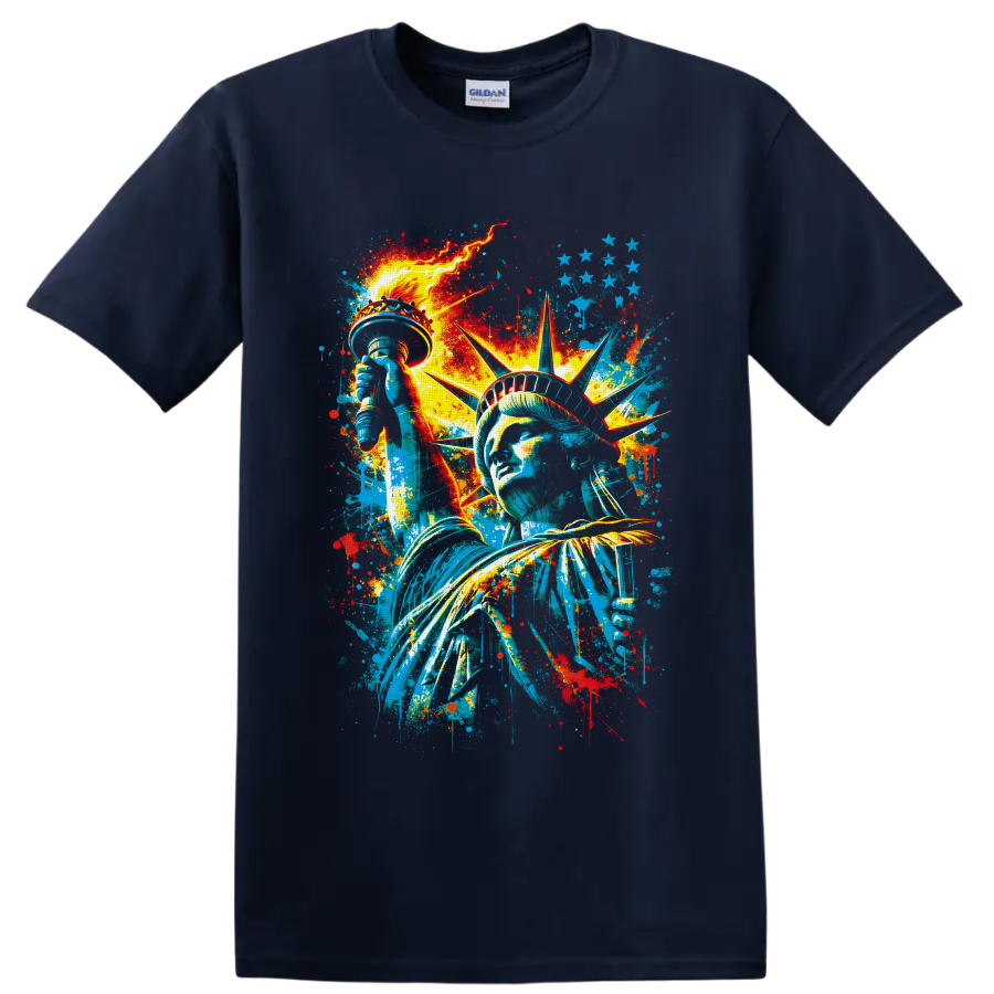 Statue of Liberty graffiti-style portrait with torch, stars, and paint splatters on a Navy (Blue) T Shirt