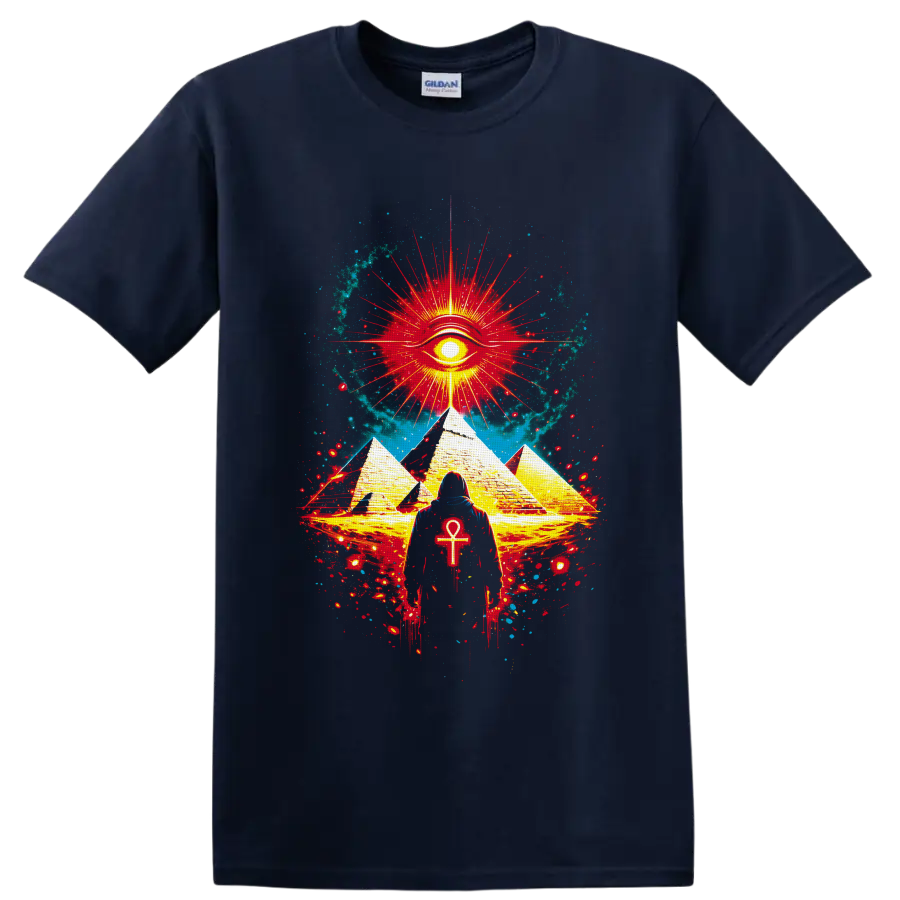 Mystical Egyptian-inspired pyramids, radiant eye, ankh figure, and cosmic splatter art on a Navy (Blue) T Shirt