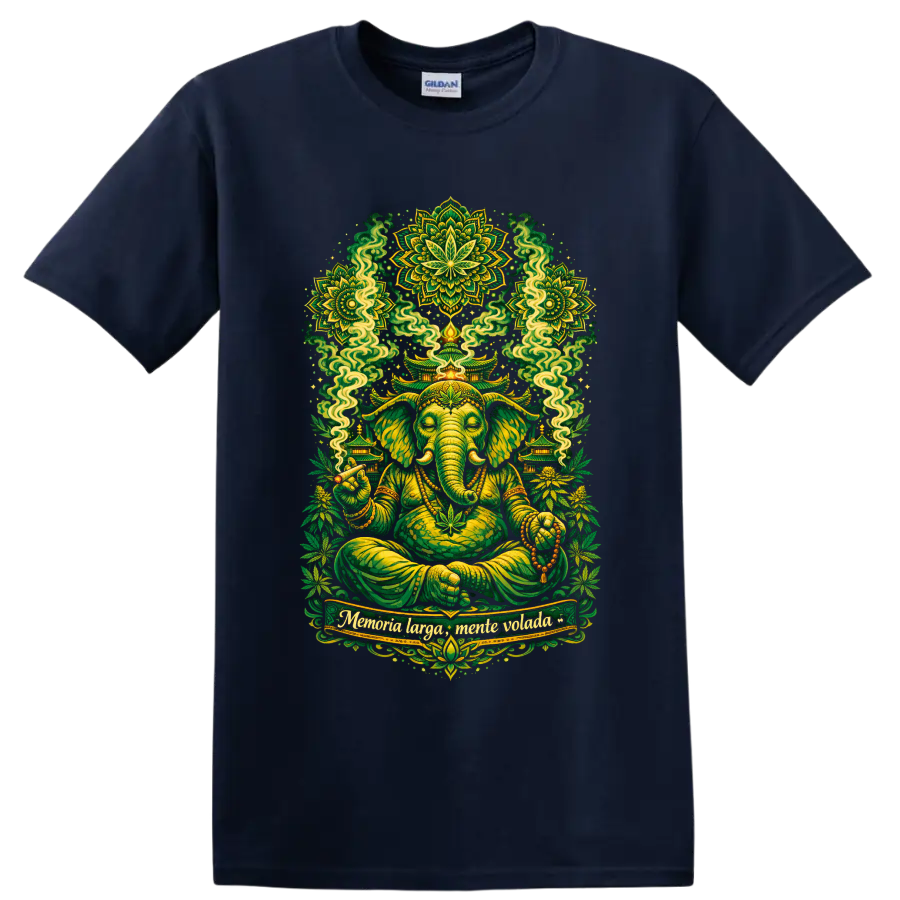Psychedelic Ganesha meditation art with hemp leaves, temples, smoke, and green mandalas on a Navy (Blue) T Shirt