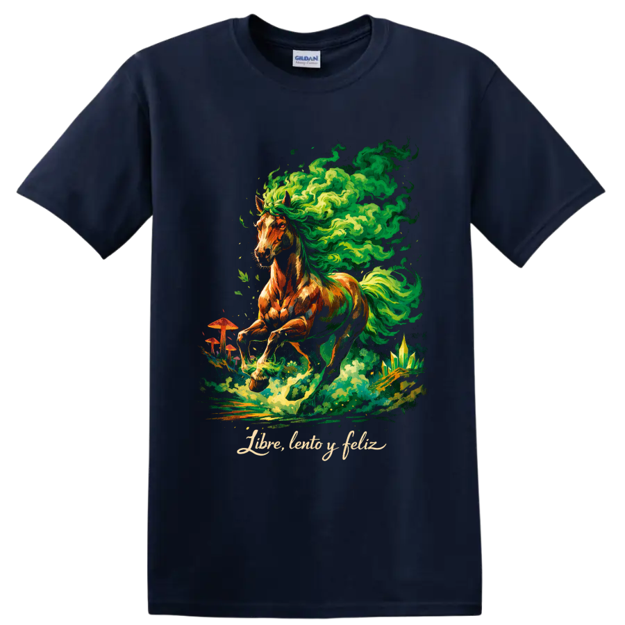 Psychedelic horse with swirling green smoke, mushrooms, crystals, and Libre, lento y feliz on a Navy (Blue) T Shirt