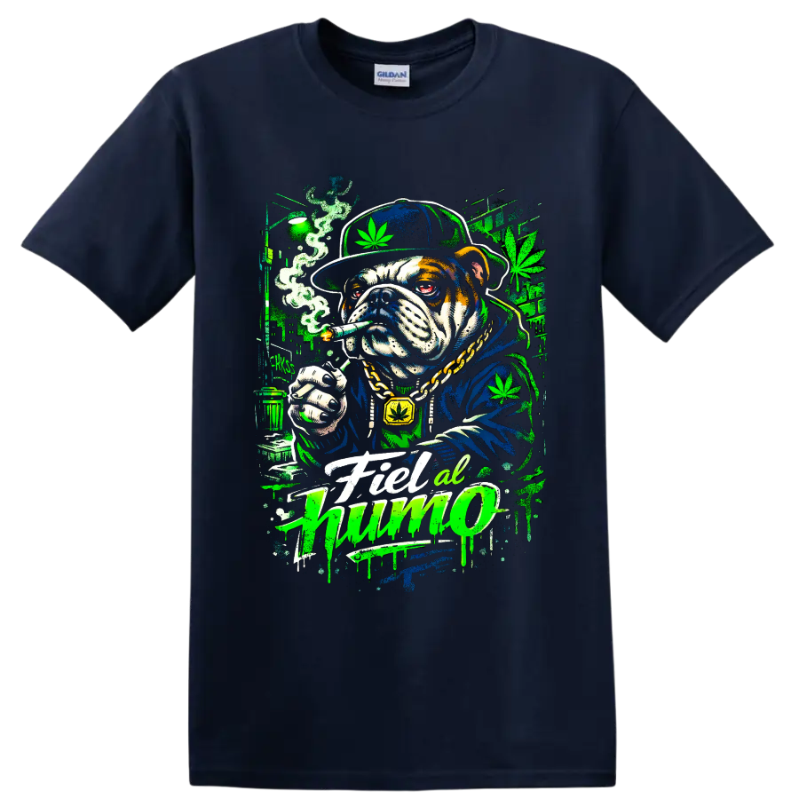 Cannabis bulldog smoking a joint in neon graffiti street art with Fiel al humo text on a Navy (Blue) T Shirt