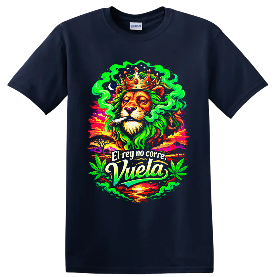 Psychedelic crowned lion with joint, cannabis leaves, smoke, and High Life text on a Navy (Blue) T Shirt