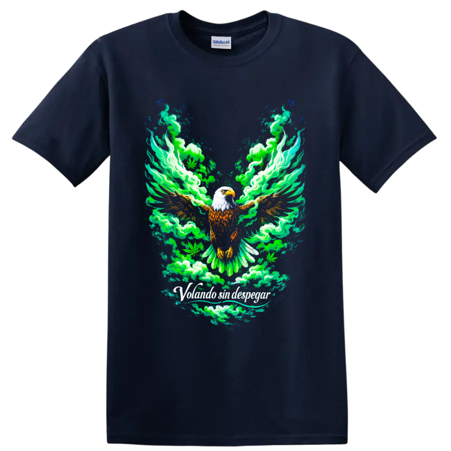 Bald eagle with green smoke and cannabis leaves in a psychedelic graphic illustration on a Navy (Blue) T Shirt
