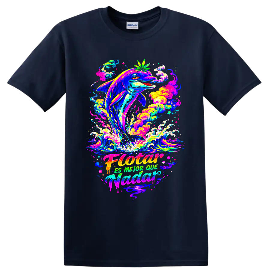 Psychedelic dolphin leaping through neon waves with a cannabis leaf on a Navy (Blue) T Shirt