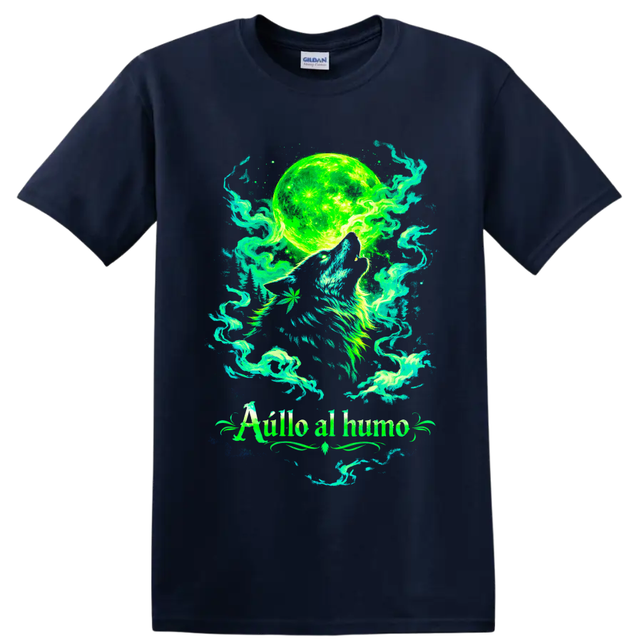 Psychedelic howling wolf beneath a neon green moon with swirling cannabis smoke on a Navy (Blue) T Shirt