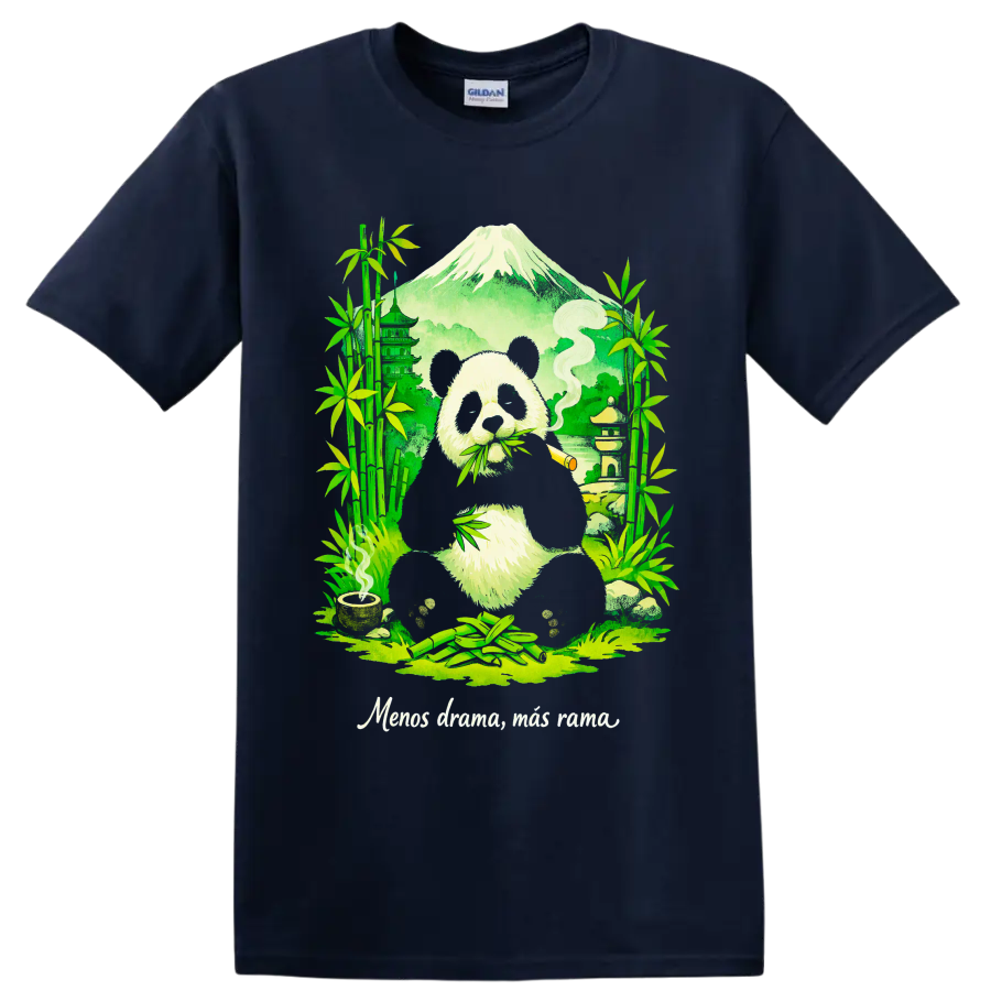 Cannabis panda illustration with bamboo, pagoda, mountain, and rolled smoke on a Navy (Blue) T Shirt