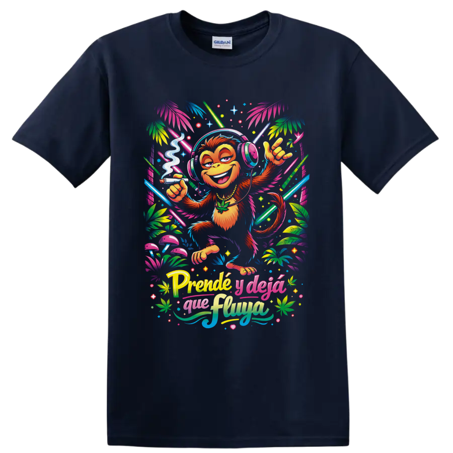 Neon tropical cannabis monkey DJ graphic with headphones, mushrooms, and Spanish lettering on a Navy (Blue) T Shirt