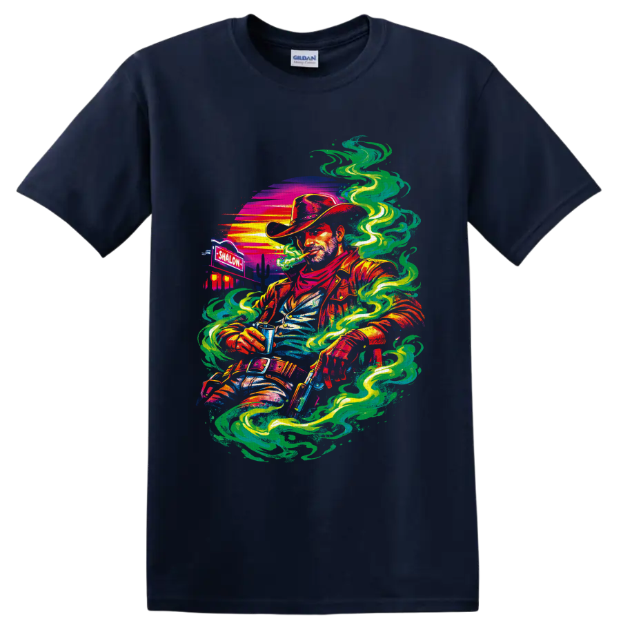 Psychedelic cannabis cowboy graphic with swirling smoke, desert sunset, and cacti on a Navy (Blue) T Shirt