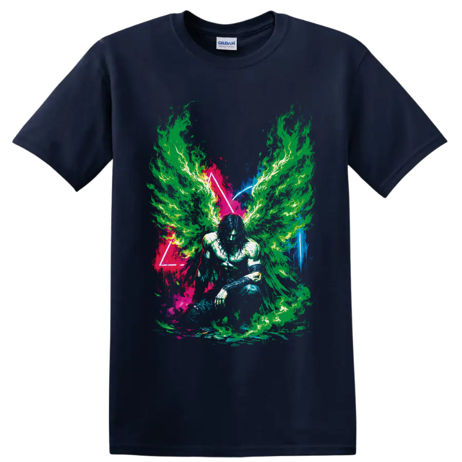 Neon flame-winged crouching figure in psychedelic paint-splatter triangle art on a Navy (Blue) T Shirt