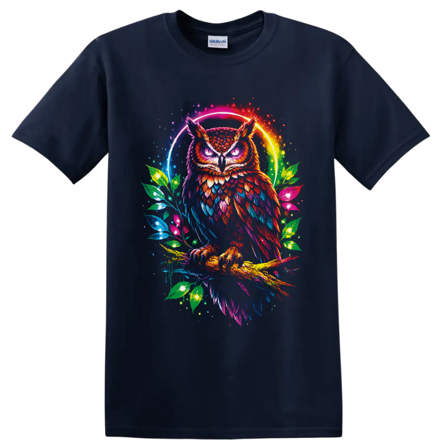 Neon rainbow horned owl on a branch with glowing leaves and circular halo on a Navy (Blue) T Shirt