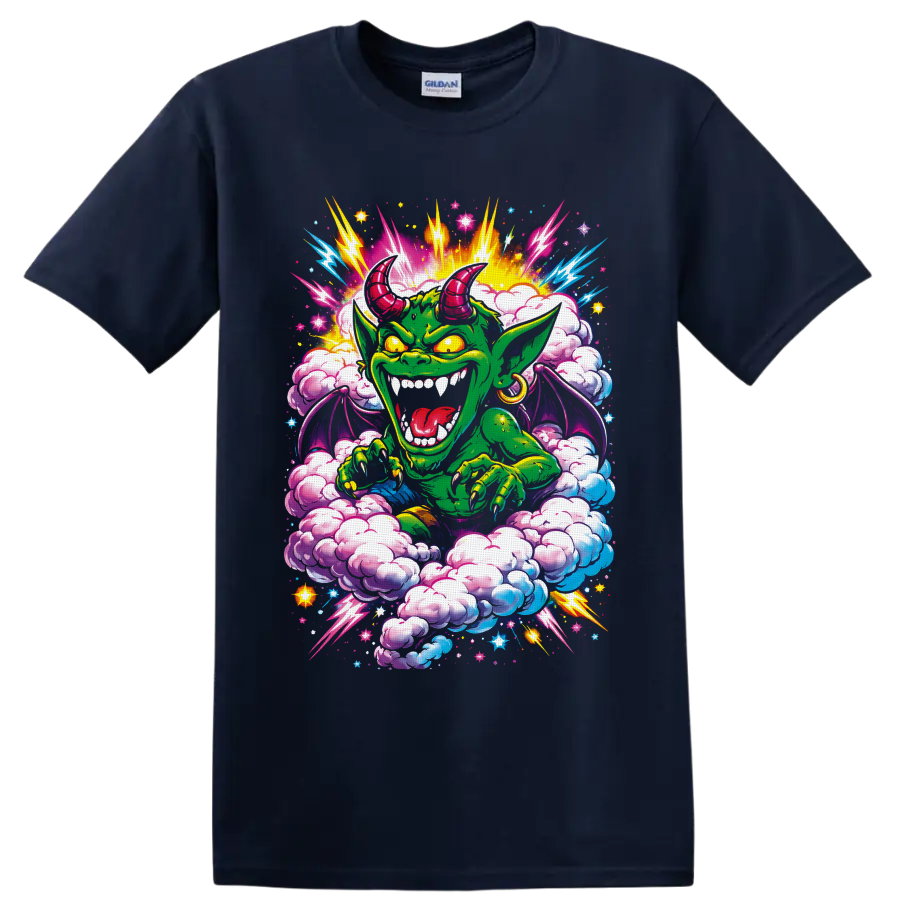 Psychedelic green horned goblin with neon lightning, wings, clouds, and stars on a Navy (Blue) T Shirt