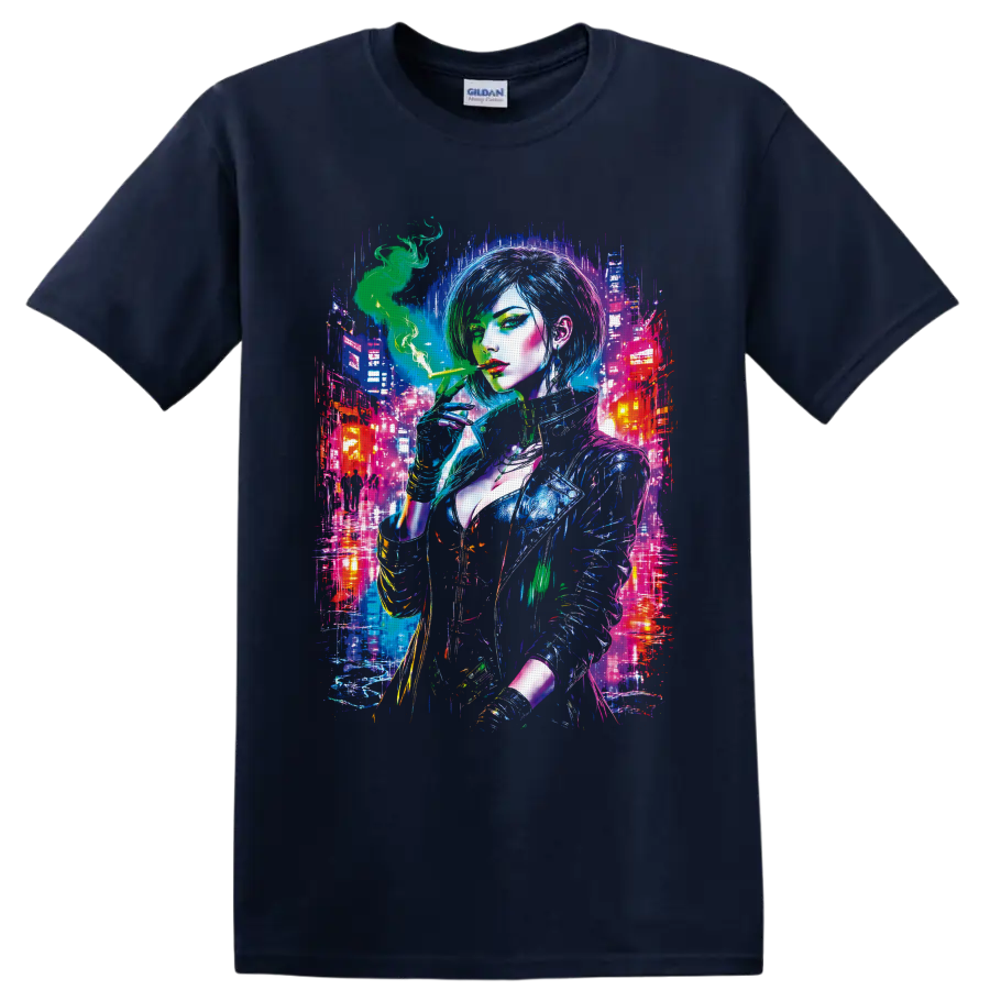 Cyberpunk woman with green smoke in a neon futuristic city graphic on a Navy (Blue) T Shirt