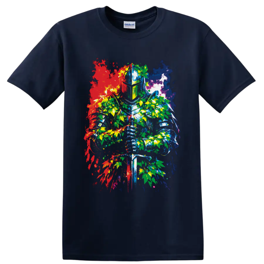 Medieval knight with sword, cannabis leaves, and colorful splatter graphic art on a Navy (Blue) T Shirt