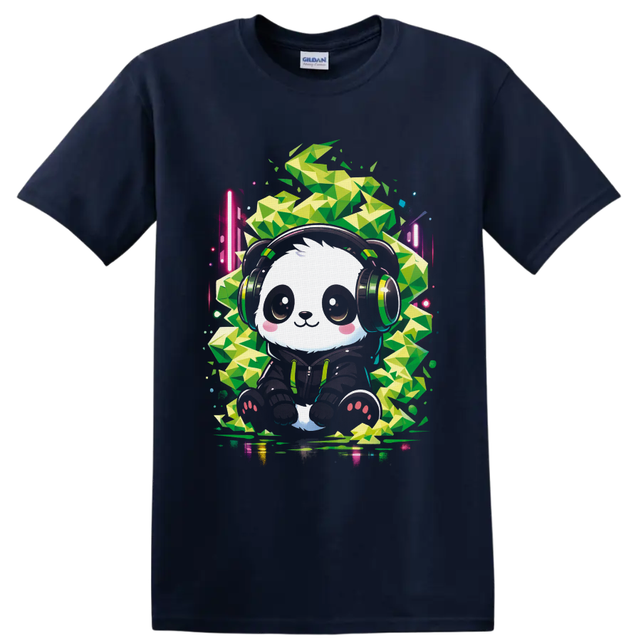 Cute panda DJ in headphones with neon geometric cannabis leaf art on a Navy (Blue) T Shirt