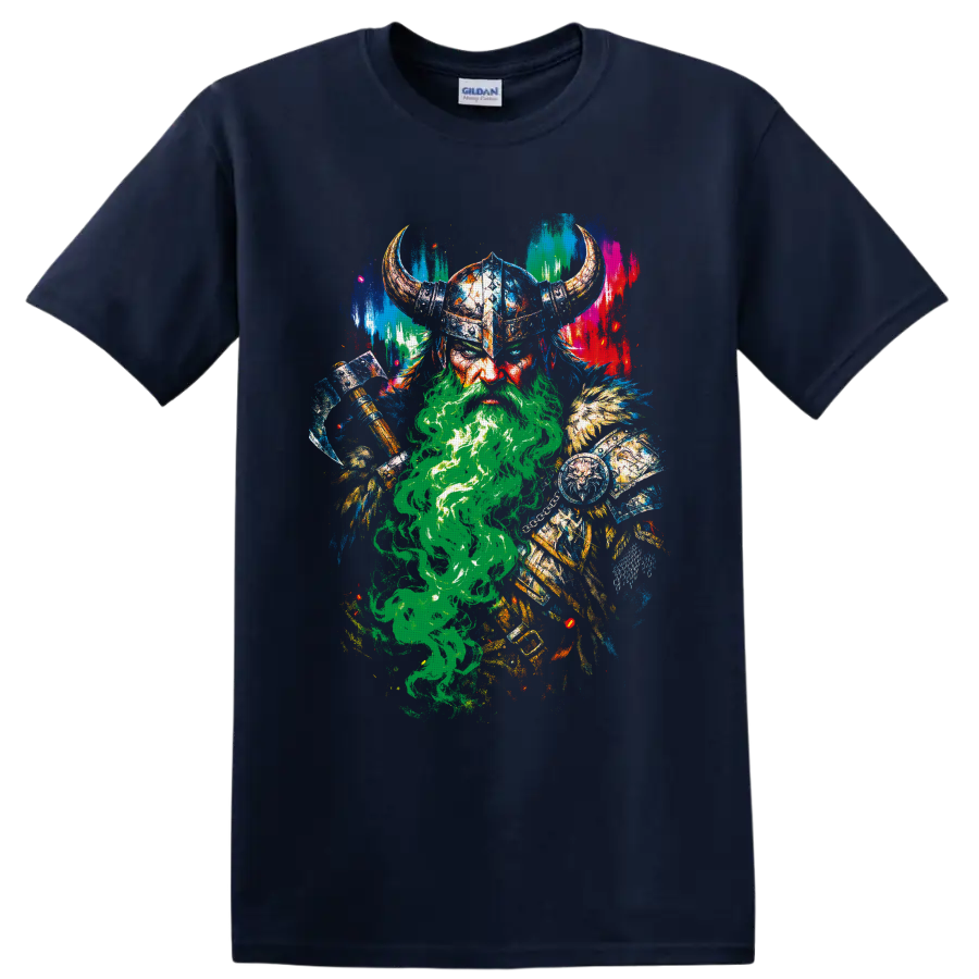 Colorful distressed Viking warrior with horned helmet, axe, shield, and green smoke on a Navy (Blue) T Shirt
