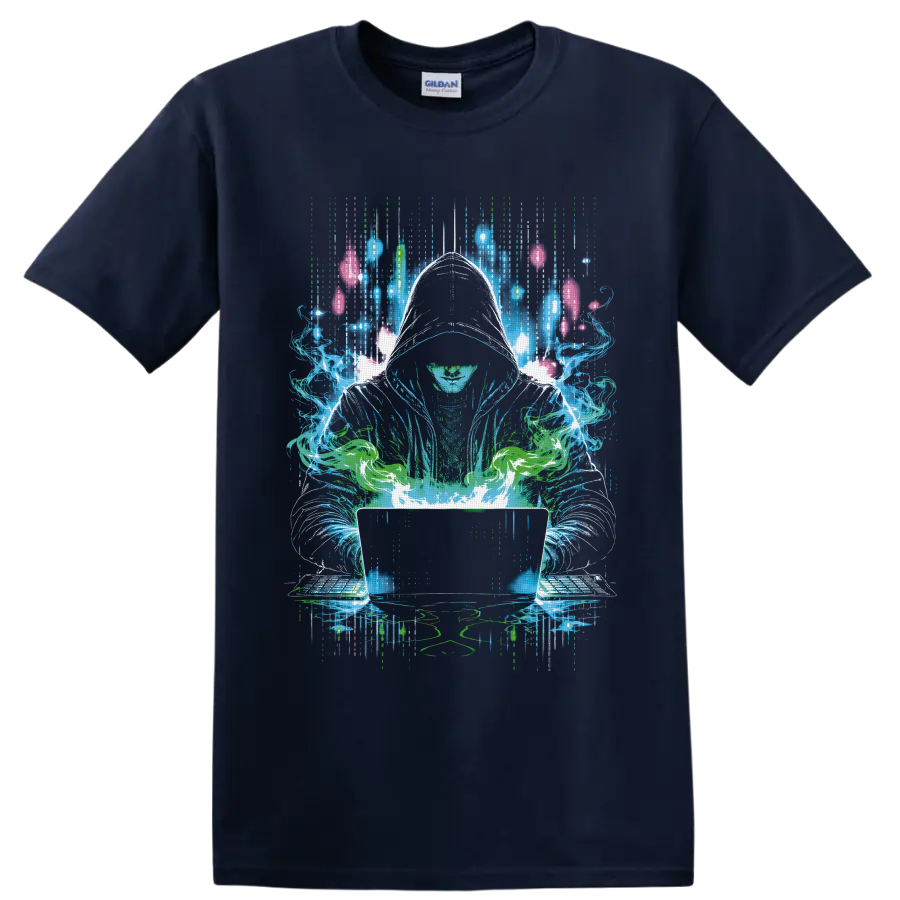 Hooded cannabis hacker with glowing laptop in neon cyberpunk digital art on a Navy (Blue) T Shirt