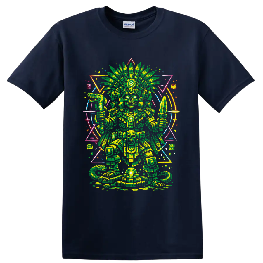 Aztec-inspired skeletal warrior with cannabis-leaf headdress and neon geometric art on a Navy (Blue) T Shirt