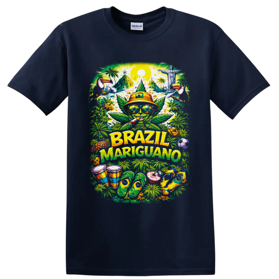 Brazil Mariguano tropical cannabis character with toucans, drums, and soccer ball on a Navy (Blue) T Shirt
