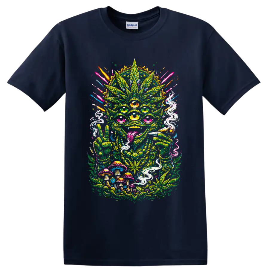 Psychedelic multi-eyed cannabis alien with mushrooms, smoke, and peace sign on a Navy (Blue) T Shirt