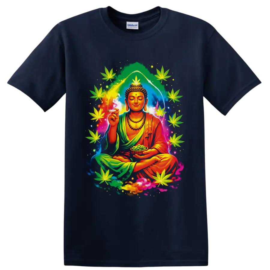 Psychedelic meditating Buddha with cannabis leaves, smoke, buds, and cosmic aura on a Navy (Blue) T Shirt