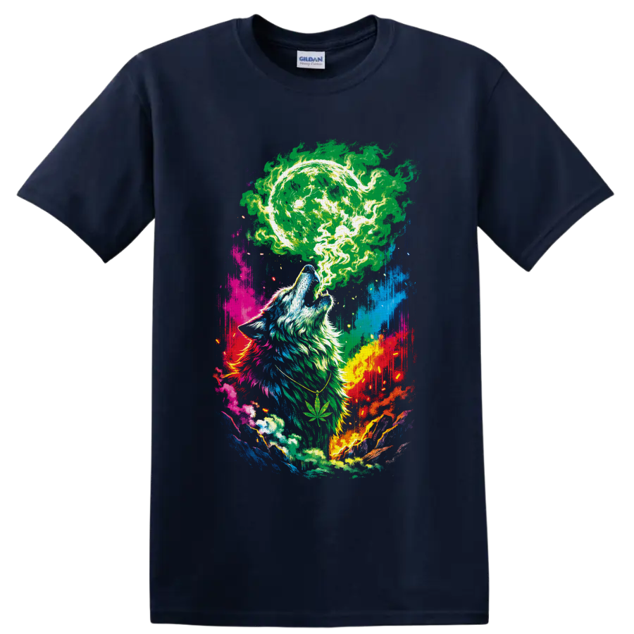 Howling wolf beneath a glowing cannabis moon in psychedelic paint-splash art on a Navy (Blue) T Shirt