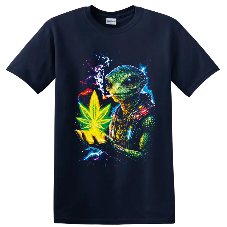 Psychedelic reptilian alien with cannabis leaf, smoke, and cosmic lightning on a Navy (Blue) T Shirt