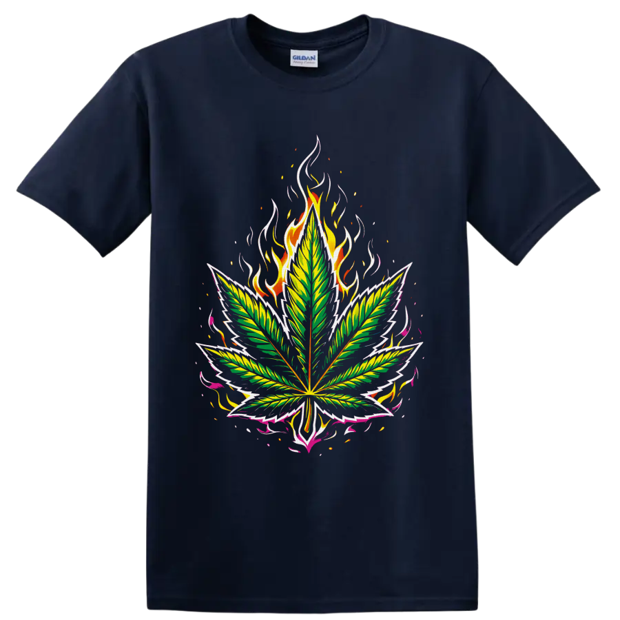 Psychedelic cannabis leaf graphic with flames, embers, and pink ribbon-like accents on a Navy (Blue) T Shirt
