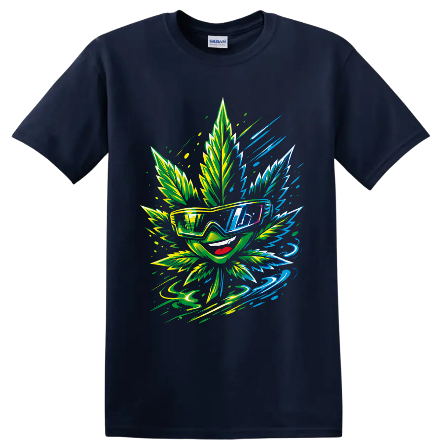 Psychedelic cannabis leaf character in sunglasses with neon lightning and leaf art on a Navy (Blue) T Shirt