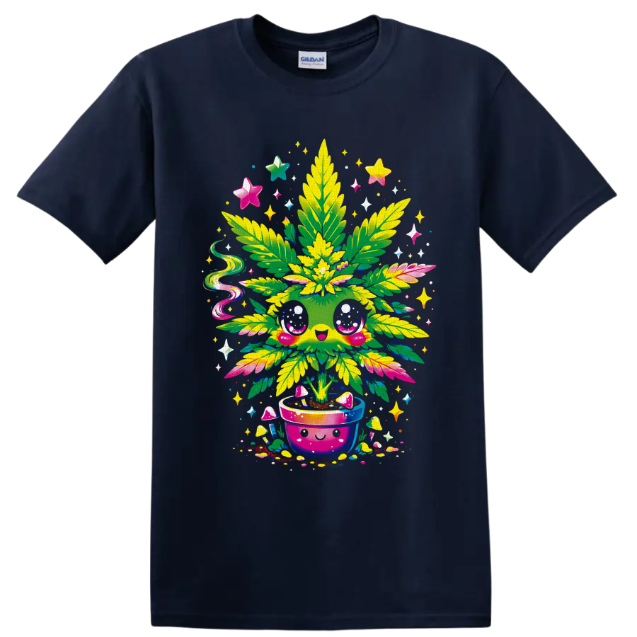 Kawaii cannabis plant in a smiling pot with mushrooms, stars, and psychedelic sparkles on a Navy (Blue) T Shirt