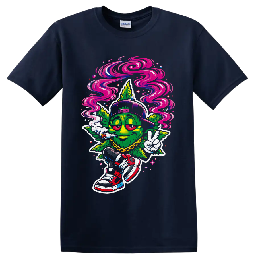 Psychedelic cartoon cannabis leaf character with swirling smoke, cap, chain, and peace on a Navy (Blue) T Shirt