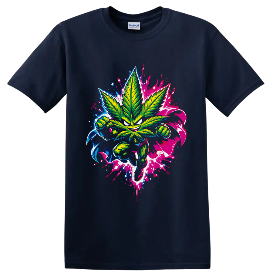 Neon cannabis leaf fighter with clenched fists and blue pink graffiti splatters on a Navy (Blue) T Shirt