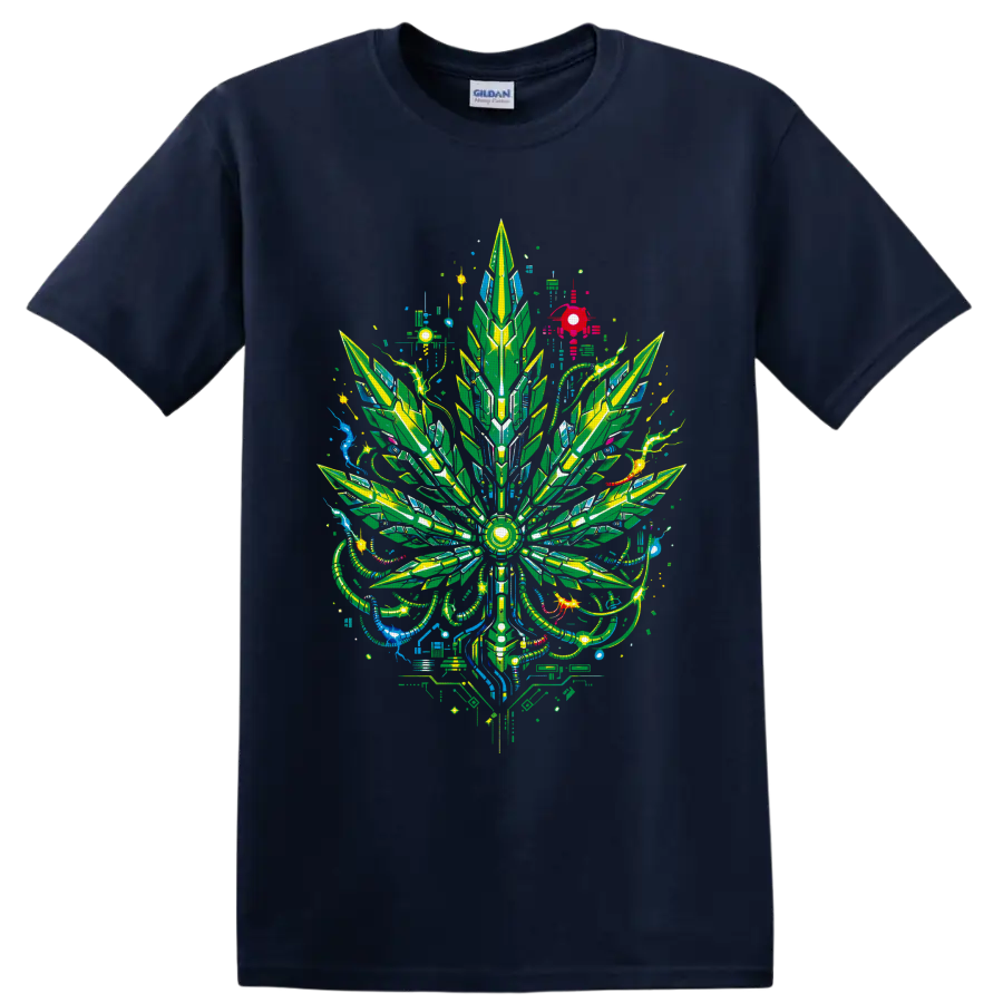 Cyberpunk cannabis leaf with neon circuitry, geometric panels, and psychedelic cables on a Navy (Blue) T Shirt