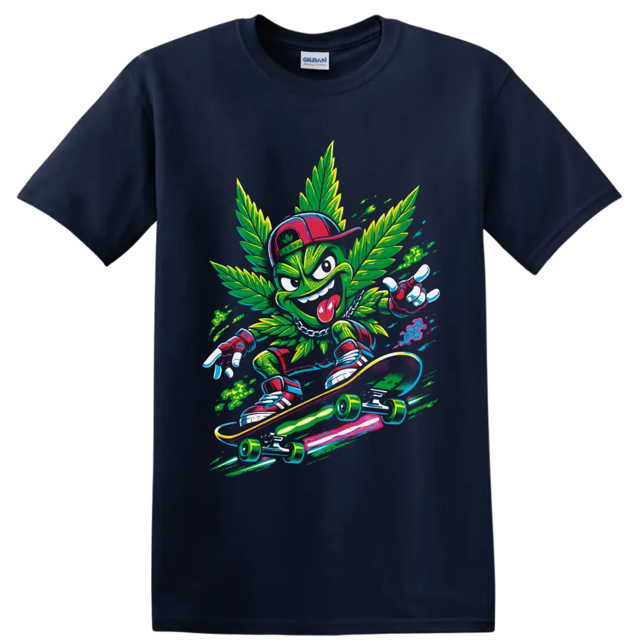 Retro comic cannabis leaf character skateboarding on a longboard on a Navy (Blue) T Shirt