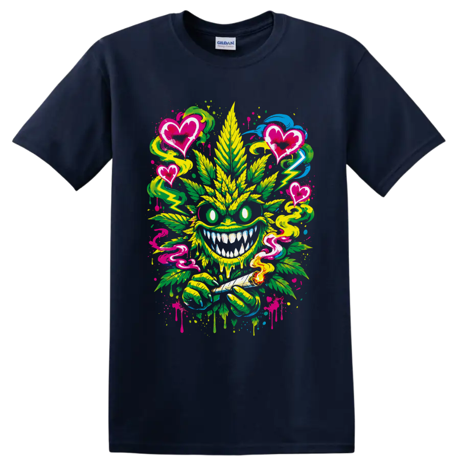 Graffiti cannabis leaf monster with pink hearts, smoke swirls, lightning, and splatters on a Navy (Blue) T Shirt
