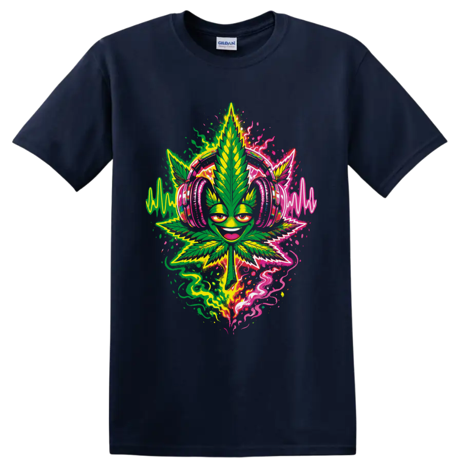 Smiling cannabis leaf DJ in pink headphones with neon soundwaves and lightning on a Navy (Blue) T Shirt