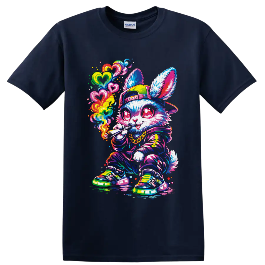Psychedelic streetwear rabbit with rainbow hearts and a lit rolled smoke on a Navy (Blue) T Shirt