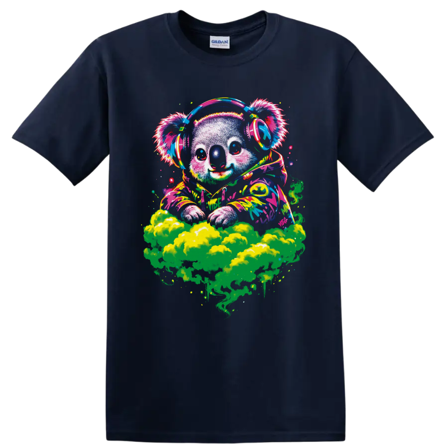 Psychedelic koala DJ in headphones and paint-splashed hoodie above green smoke on a Navy (Blue) T Shirt