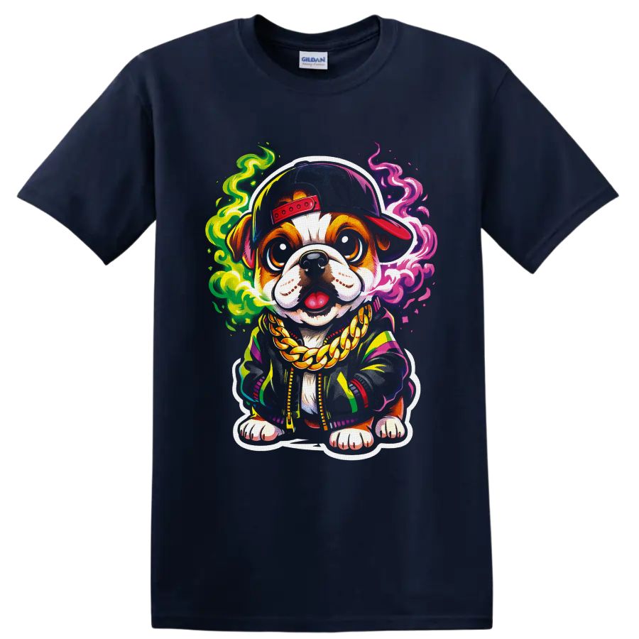 Cartoon dog in a backward cap and gold chain with colorful neon smoke on a Navy (Blue) T Shirt