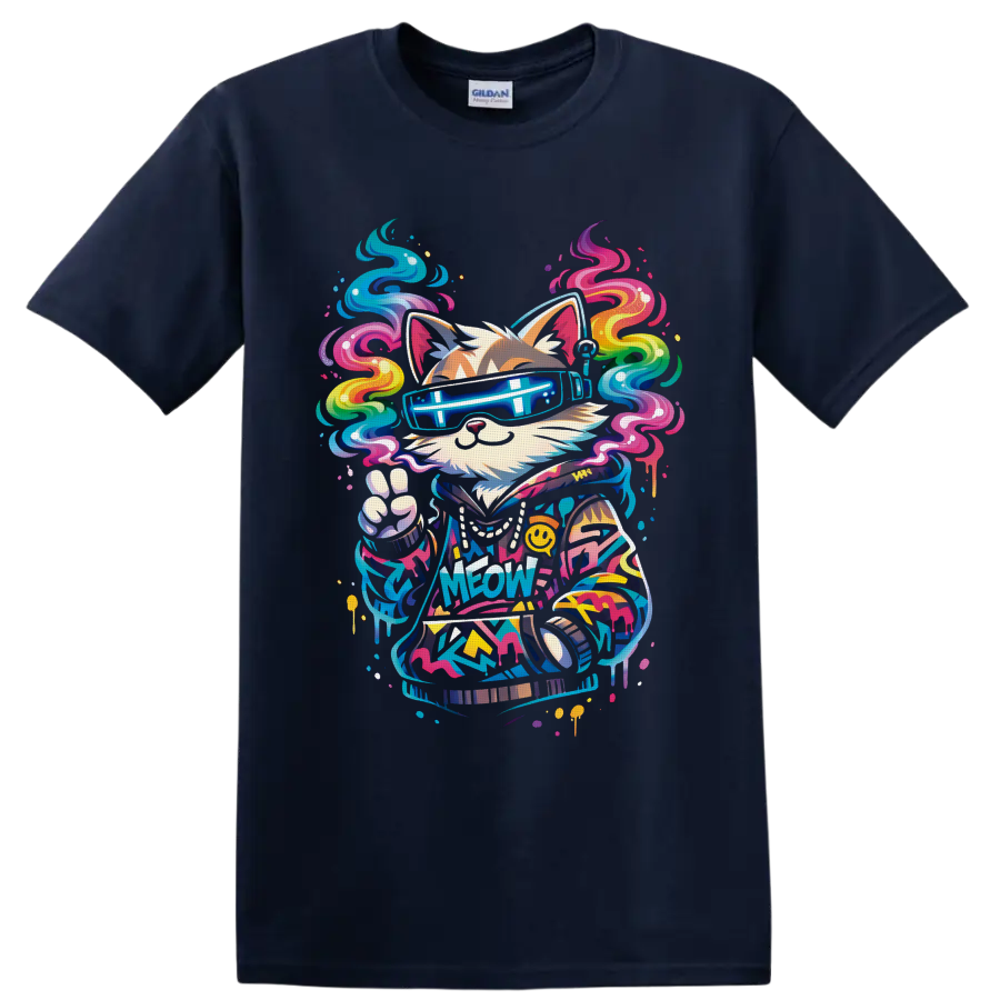 Graffiti-style cat DJ in neon visor shades with rainbow swirls and Meow text on a Navy (Blue) T Shirt