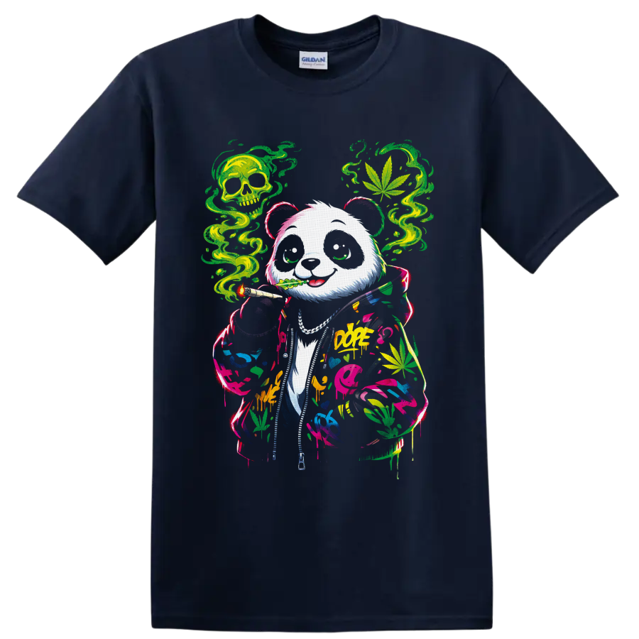 Graffiti panda in a paint-splashed hoodie with cannabis leaves, green smoke, and skull on a Navy (Blue) T Shirt