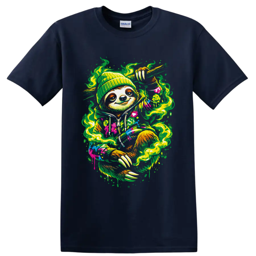 Psychedelic beanie-wearing sloth with green smoke swirls and colorful street-art splatter on a Navy (Blue) T Shirt