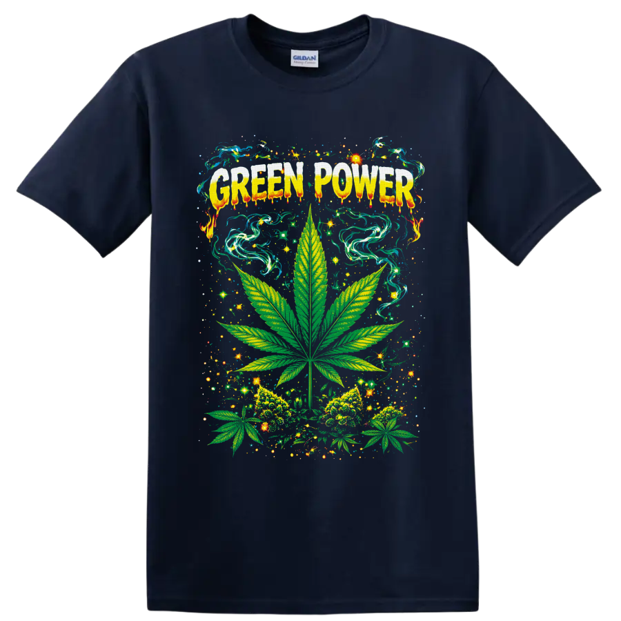 Green Power psychedelic cannabis leaf graphic with swirling smoke and sparkling stars on a Navy (Blue) T Shirt
